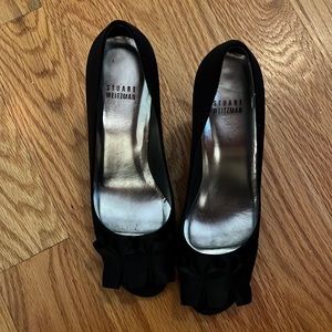Stuart Weitzman black satin open toed heel